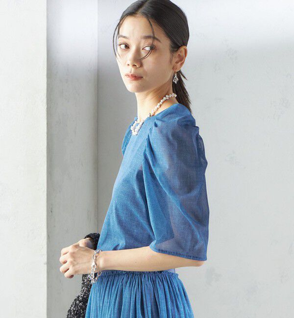 SHIPS for women「troisiemeCHACO:〈手洗い可能〉デニム プリント チュール ブラウス」|シャツ・ブラウス|