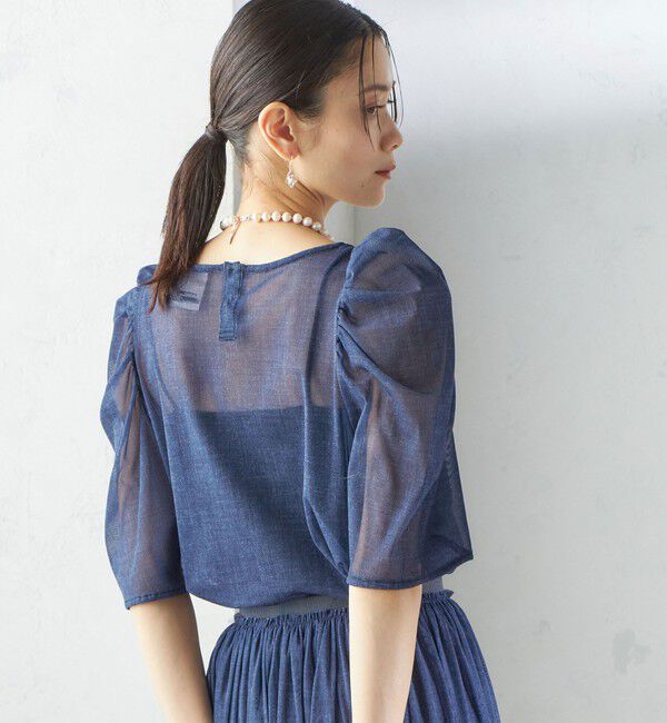 SHIPS for women「troisiemeCHACO:〈手洗い可能〉デニム プリント チュール ブラウス」|シャツ・ブラウス|ネイビー