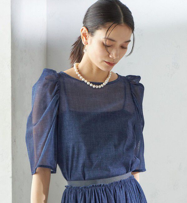 SHIPS for women「troisiemeCHACO:〈手洗い可能〉デニム プリント チュール ブラウス」|シャツ・ブラウス|