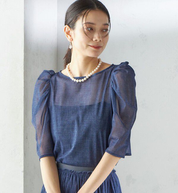 SHIPS for women「troisiemeCHACO:〈手洗い可能〉デニム プリント チュール ブラウス」|シャツ・ブラウス|