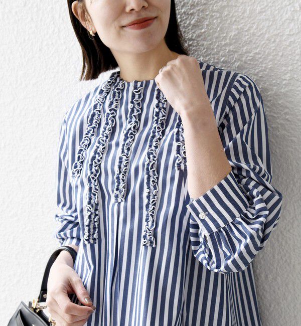 SHIPS any「SHIPS any:〈洗濯機可能〉REPREVE フリル クルーネック Aライン ブラウス」|シャツ・ブラウス|ネイビー