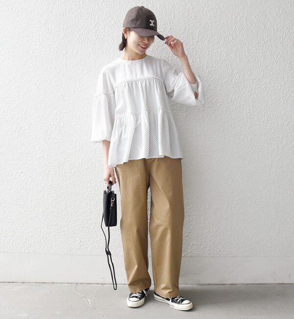 SHIPS any「SHIPS any:〈洗濯機可能〉ドット ノーカラー ティアード フレア ブラウス」|シャツ・ブラウス|