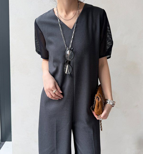  「【WEB限定】袖メッシュオールインワン」|ワンピース|チャコールグレー