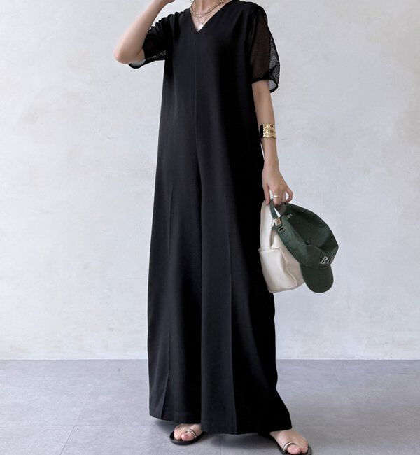  「【WEB限定】袖メッシュオールインワン」|ワンピース|ブラック