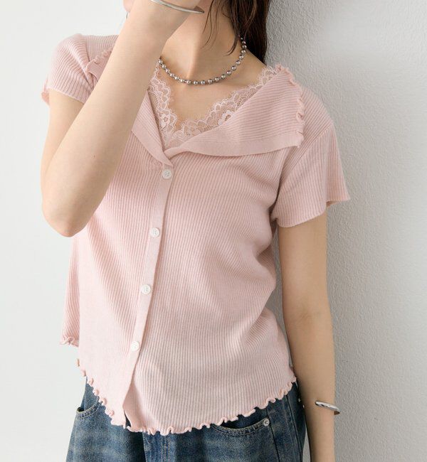  「レースドッキング半袖ニットカーディガン」|カーディガン|