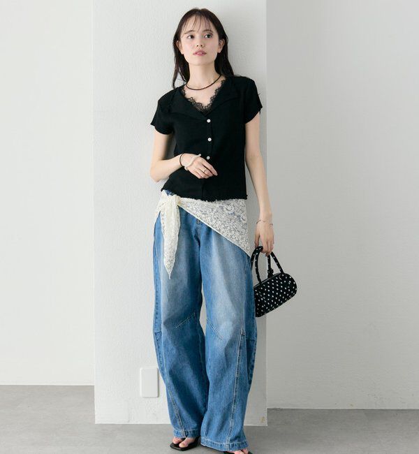  「レースドッキング半袖ニットカーディガン」|カーディガン|