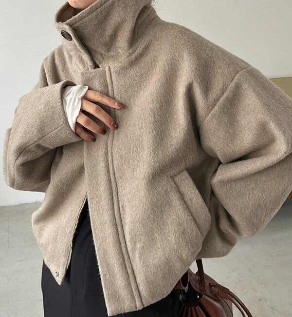  「【2WAYで着用可能】スタンドウールショートコート」|その他|ベージュ