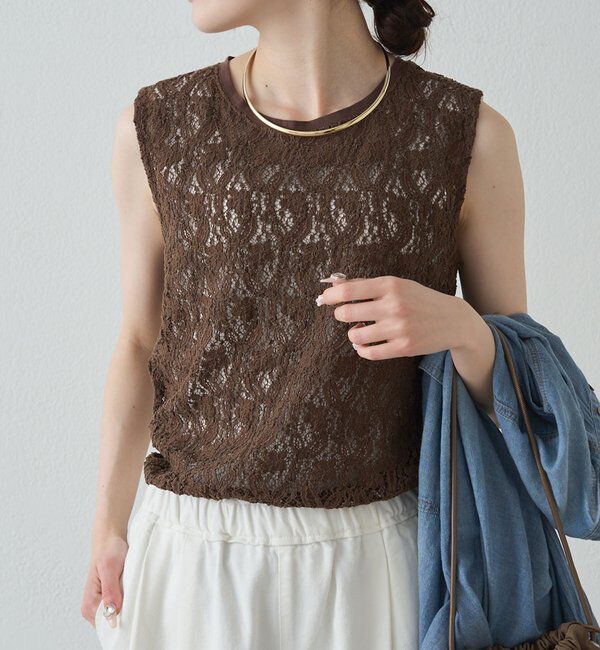  「ストレッチレースノースリーブTシャツ」|Tシャツ・カットソー|ブラウン
