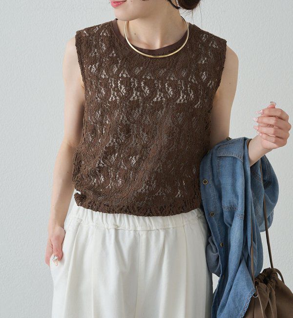  「ストレッチレースノースリーブTシャツ」|Tシャツ・カットソー|