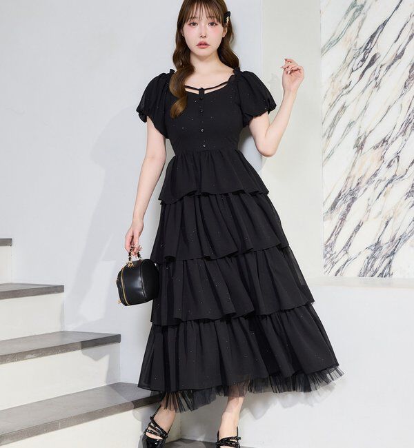  「【Black Ribbon Collection】バックリボンティアードワンピ」|ワンピース|