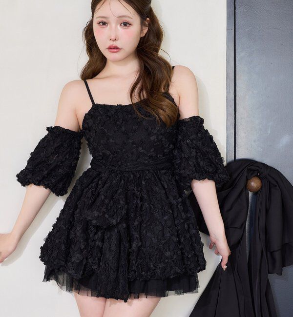  「【Black Ribbon Collection】異素材バルーンミニワンピース」|ワンピース|