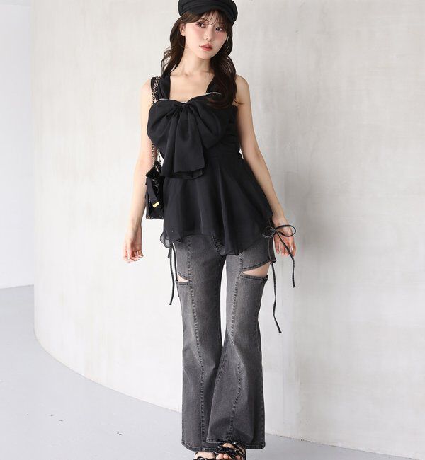  「【SMサイズ展開あり】サイドスリットフレアリボンデニムパンツ」|その他|
