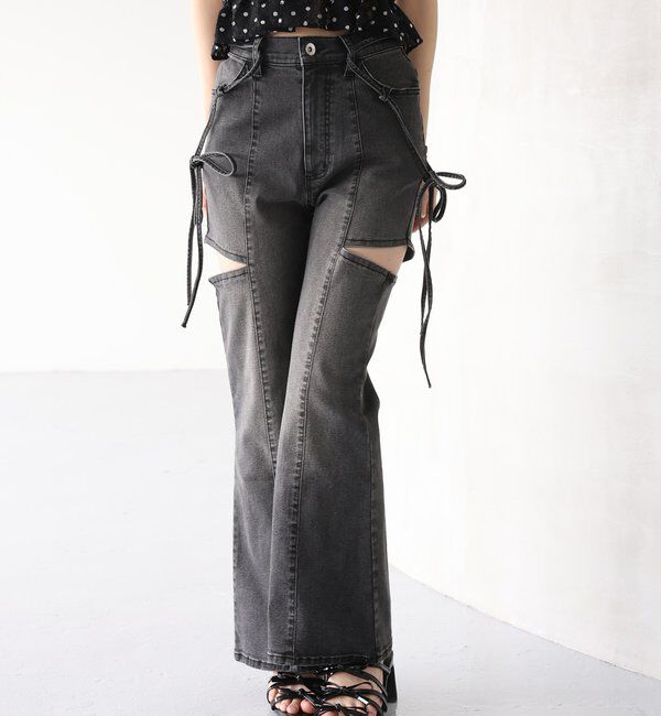  「【SMサイズ展開あり】サイドスリットフレアリボンデニムパンツ」|その他|