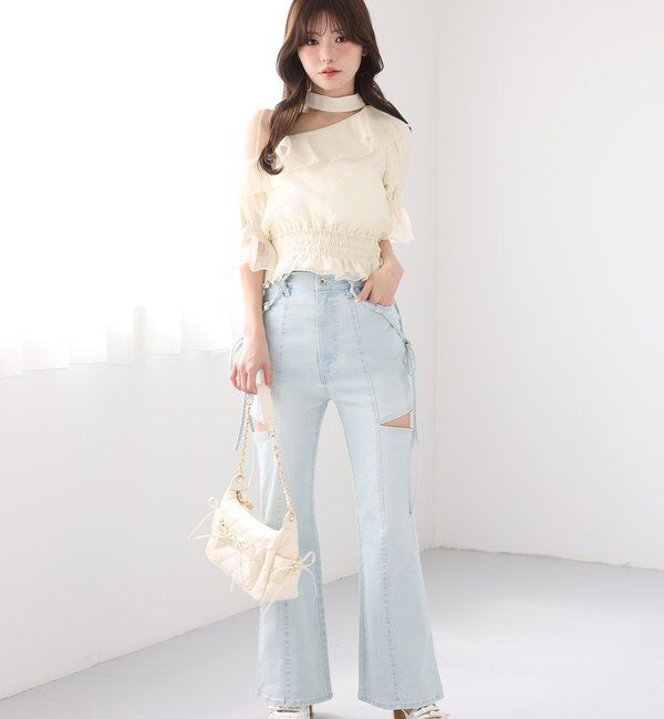  「【SMサイズ展開あり】サイドスリットフレアリボンデニムパンツ」|その他|
