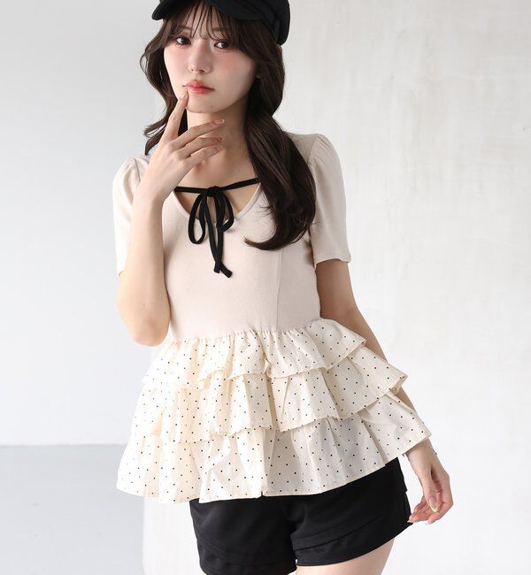  「リボン付き裾フリルトップス」|プルオーバー|