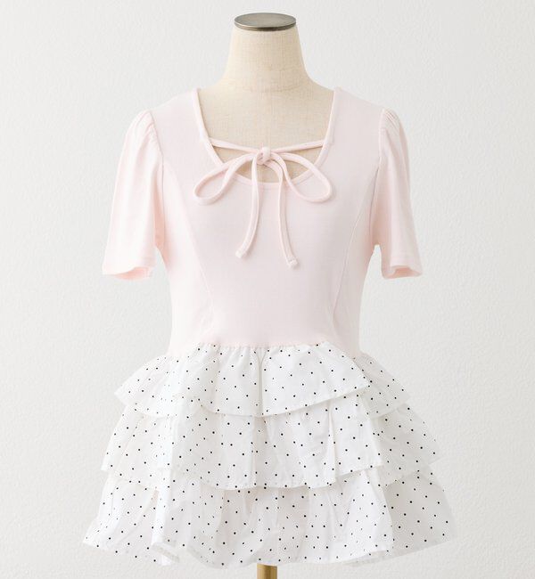  「リボン付き裾フリルトップス」|プルオーバー|ピンク