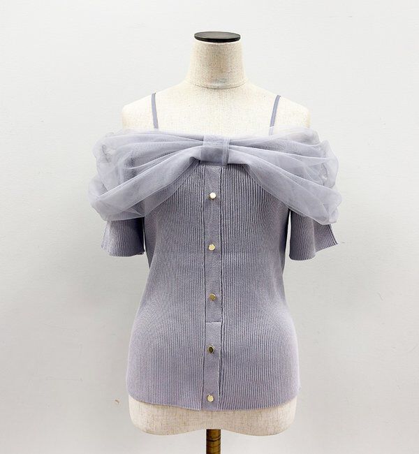  「リボンチュールオフショルニット」|カーディガン|サックスブルー