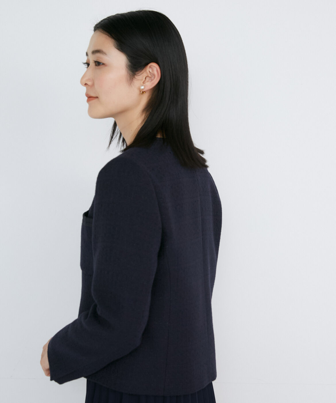 INED「ノーカラーツイードジャケット」|ノーカラージャケット|