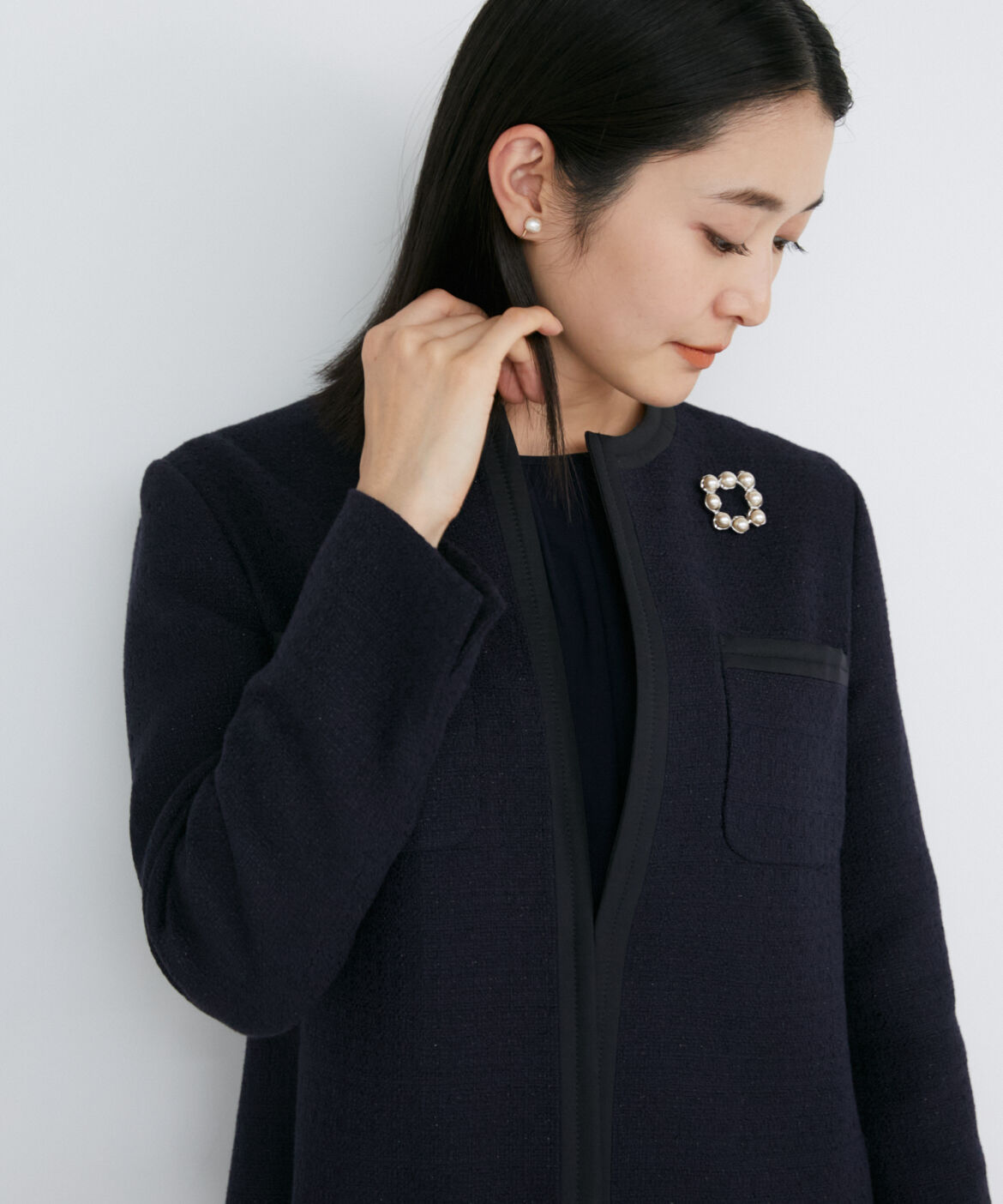 INED「ノーカラーツイードジャケット」|ノーカラージャケット|