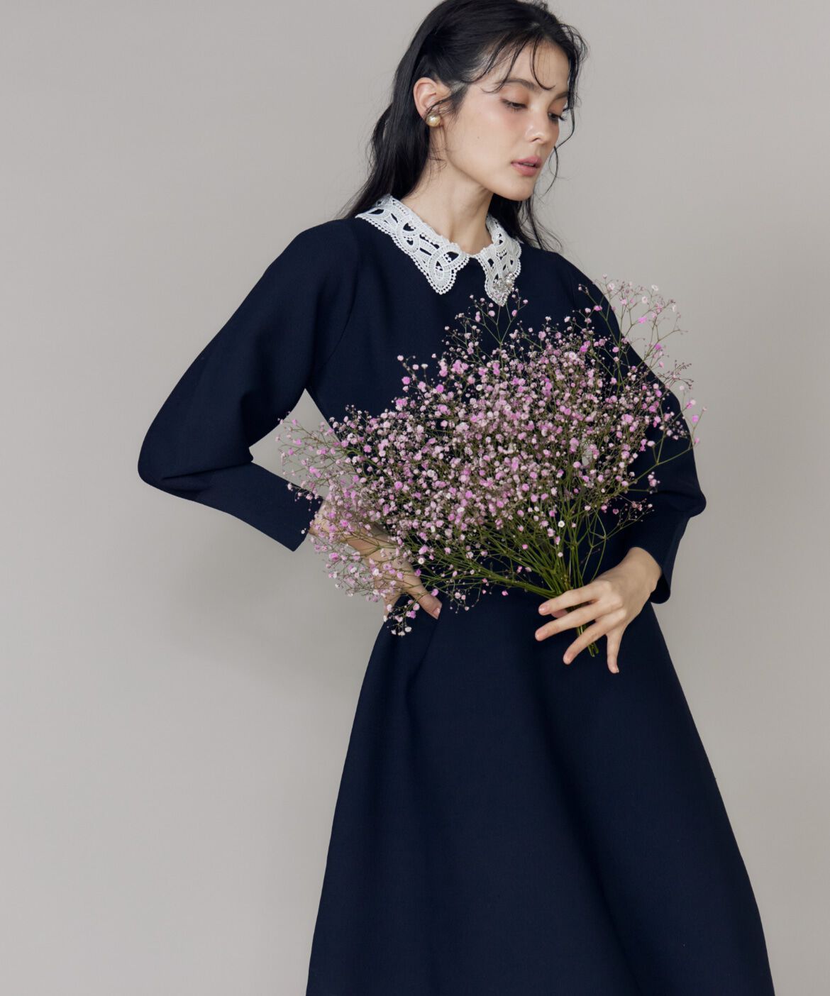 Maglie le cassetto「《大きいサイズ》衿レースニットワンピース《M Maglie le cassetto》」|ワンピース|ネイビー