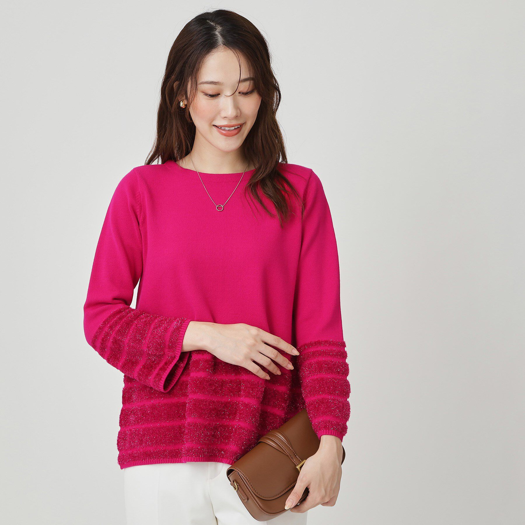 COUP DE CHANCE「【手洗い可】ラメフェザーデザイン ニットトップス」|ニット・セーター|ピンク(073)