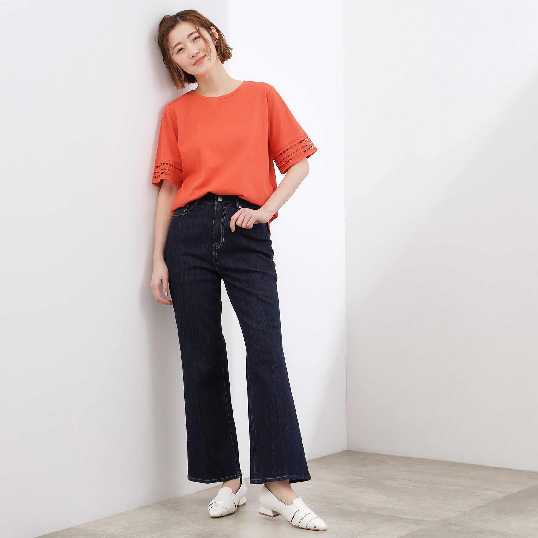 grove「【二の腕カバー】袖口透かし刺繍Tシャツ」|Tシャツ・カットソー|