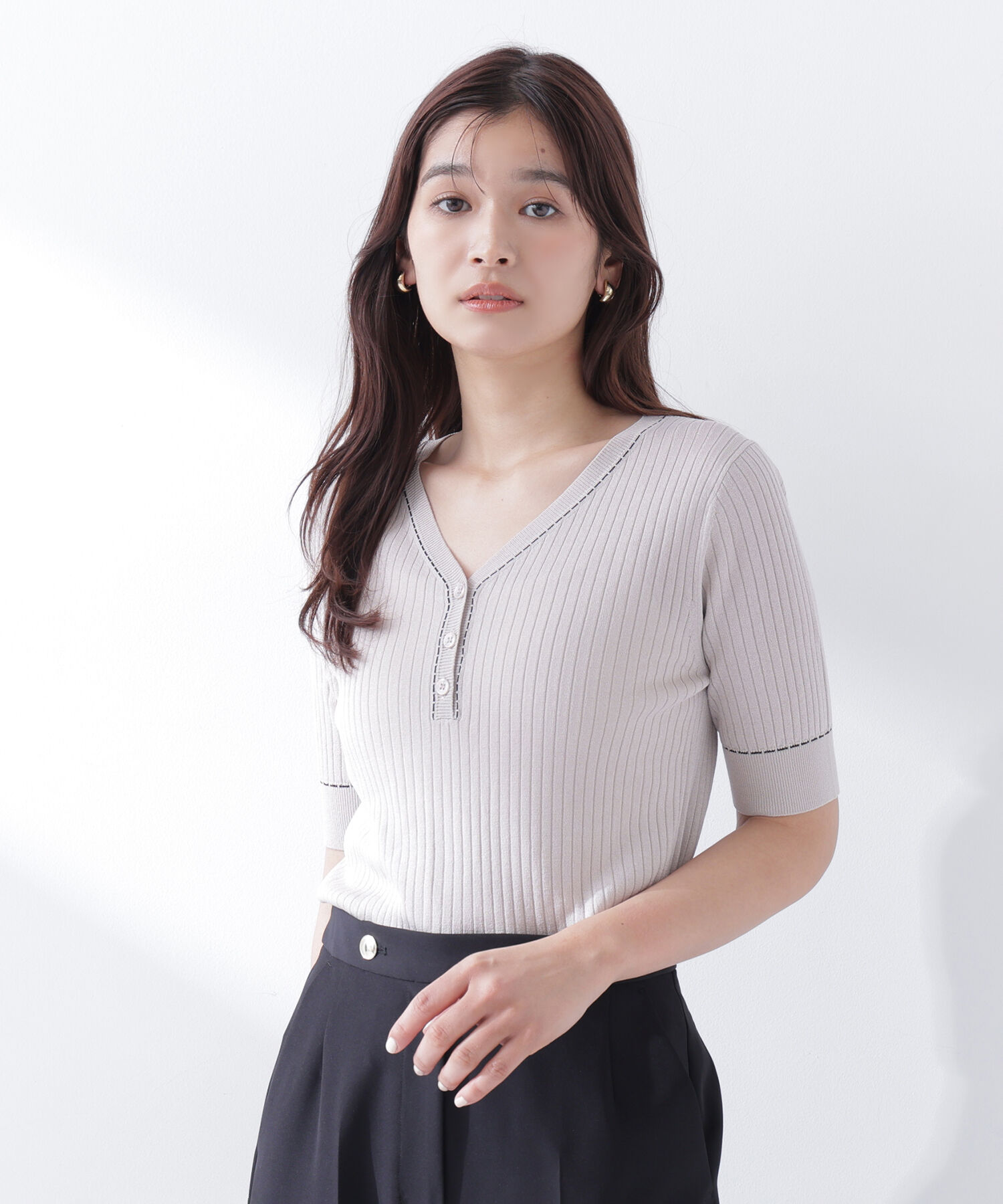  「フロントボタンステッチニット」|ニット・セーター|ベージュ系2