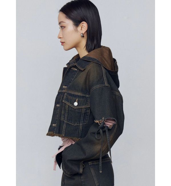 EMODA「カットスリーブフードデニムブルゾン」|ブルゾン・スタジャン|