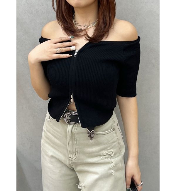 EVRIS「フロントジップハーフスリーブオフショルトップス」|Tシャツ・カットソー|
