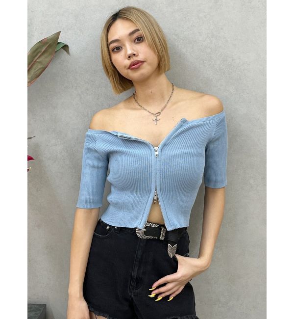 EVRIS「フロントジップハーフスリーブオフショルトップス」|Tシャツ・カットソー|