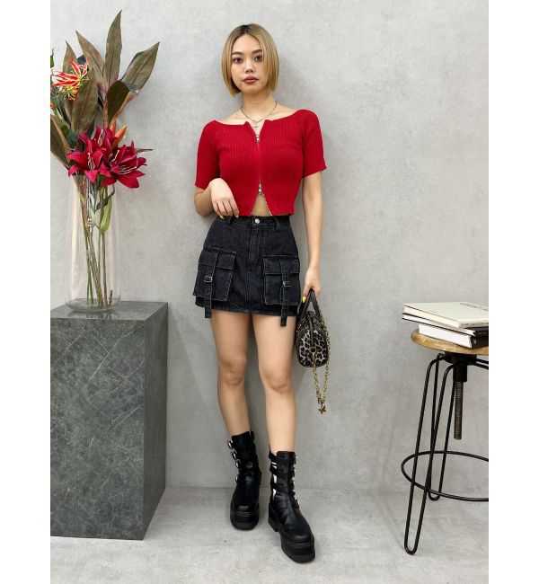 EVRIS「フロントジップハーフスリーブオフショルトップス」|Tシャツ・カットソー|