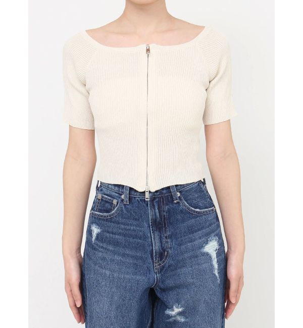 EVRIS「フロントジップハーフスリーブオフショルトップス」|Tシャツ・カットソー|