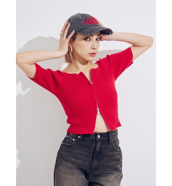 EVRIS「フロントジップハーフスリーブオフショルトップス」|Tシャツ・カットソー|