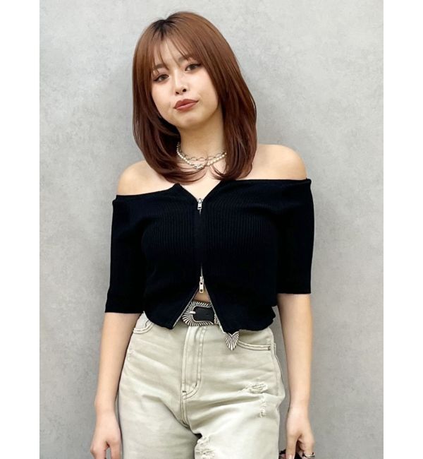 EVRIS「フロントジップハーフスリーブオフショルトップス」|Tシャツ・カットソー|ブラック