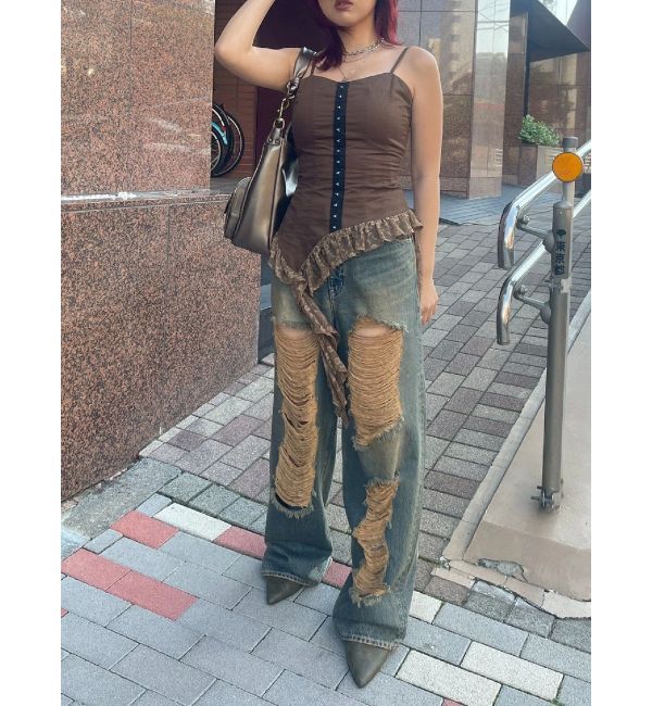 EVRIS「ハイダメージワイドデニムパンツ」|デニム|