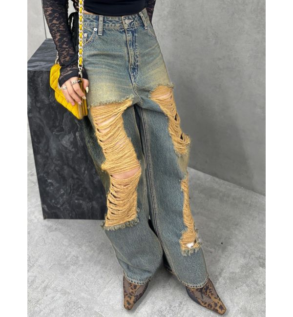 EVRIS「ハイダメージワイドデニムパンツ」|デニム|