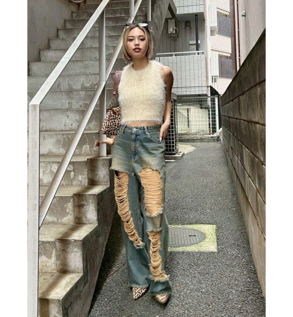 EVRIS「ハイダメージワイドデニムパンツ」|デニム|