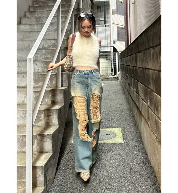 EVRIS「ハイダメージワイドデニムパンツ」|デニム|