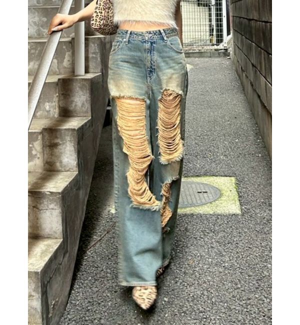 EVRIS「ハイダメージワイドデニムパンツ」|デニム|