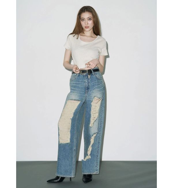 EVRIS「ハイダメージワイドデニムパンツ」|デニム|