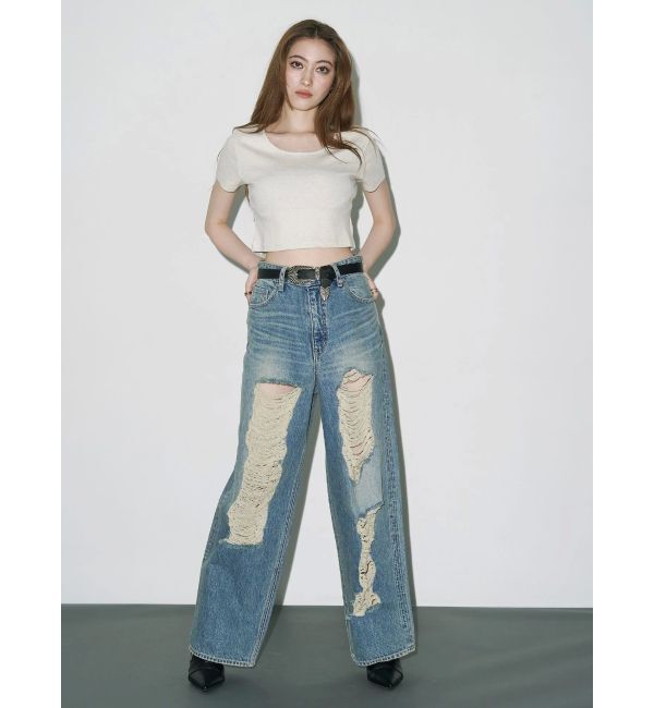 EVRIS「ハイダメージワイドデニムパンツ」|デニム|