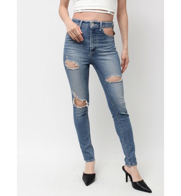 GYDA「ハイウエストcut out poketダメージスキニーデニムパンツ」|デニム|アイスブルー