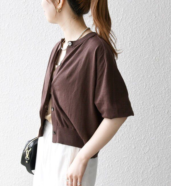 SHIPS any「SHIPS any:〈手洗い可能〉リネン ミックス ワイド パフ クルーネック シアー カーディガン」|カーディガン|