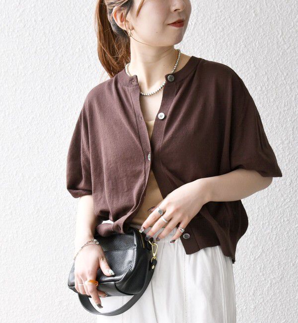 SHIPS any「SHIPS any:〈手洗い可能〉リネン ミックス ワイド パフ クルーネック シアー カーディガン」|カーディガン|