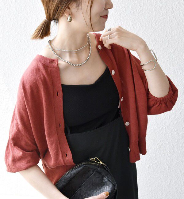 SHIPS any「SHIPS any:〈手洗い可能〉リネン ミックス ワイド パフ クルーネック シアー カーディガン」|カーディガン|