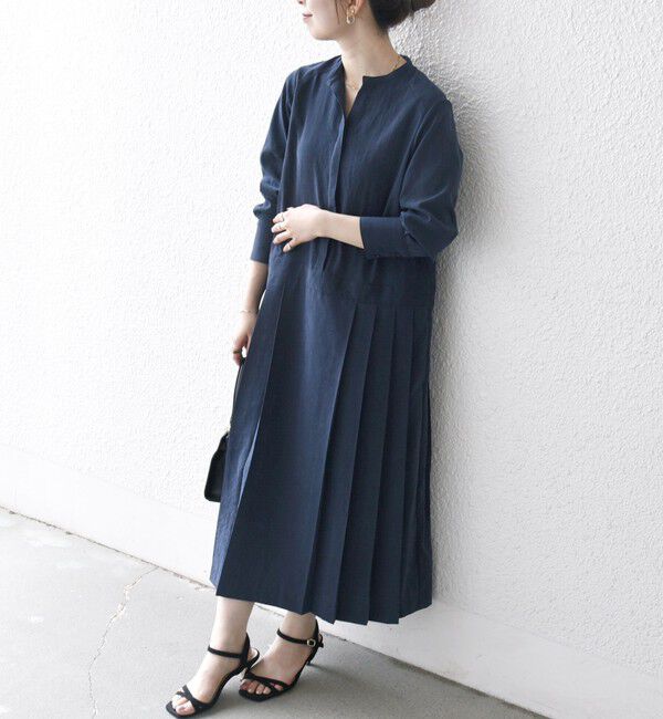 SHIPS any「SHIPS any:〈洗濯機可能〉ピーチスキン サイド プリーツ バンドカラー シャツ ワンピース」|ワンピース|ネイビー