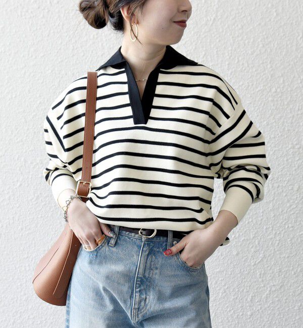 SHIPS any「SHIPS any:〈手洗い可能〉バイカラー スキッパー ニット プルオーバー」|ニット・セーター|