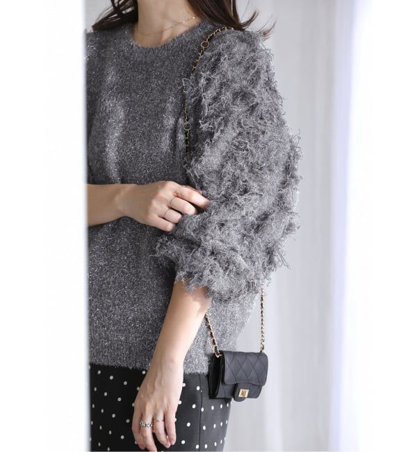  「【洗える】ラメジャガードフリンジプルオーバー」|ニット・セーター|グレーA