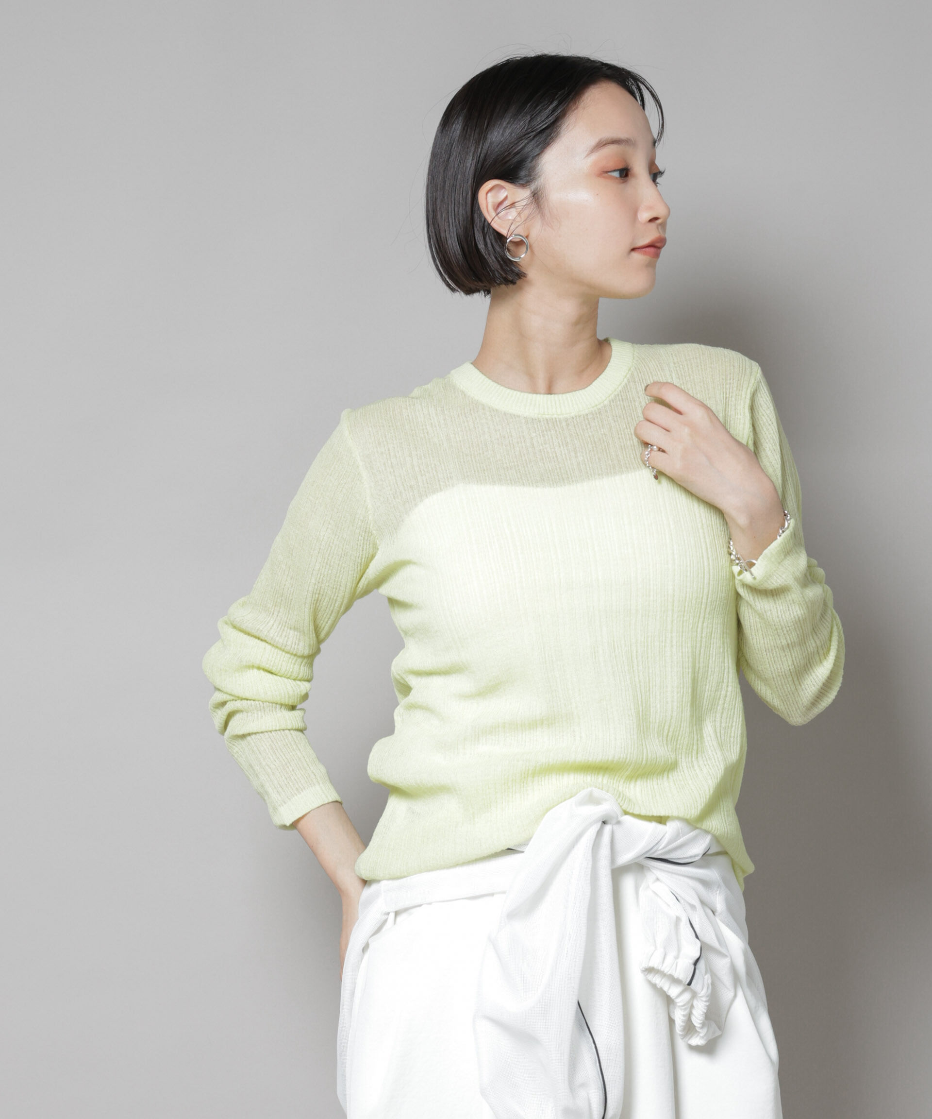 nano･universe「シアーランダムリブクルーネックニット」|ニット・セーター|ライムグリー 1