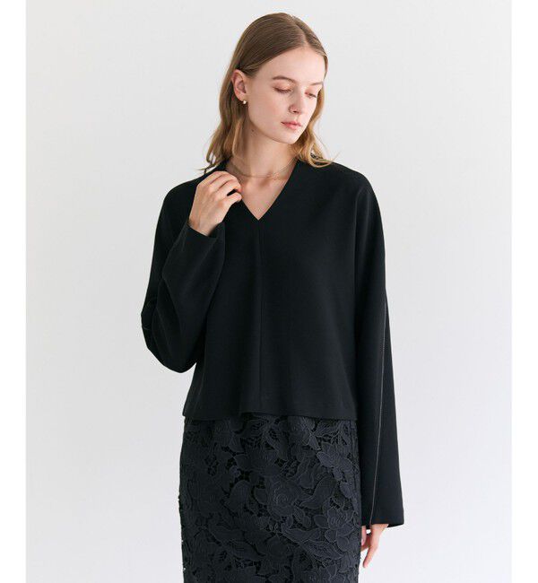 BEIGE,「RUE / ドライタッチVネック配色ステッチブラウス」|シャツ・ブラウス|Black